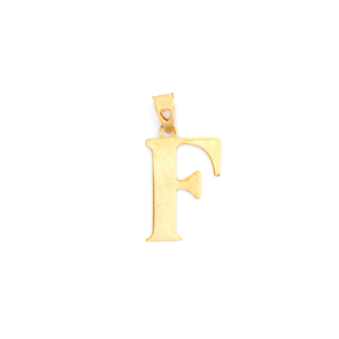 A gold initial pendant shaped like the letter 'F', shown on a plain white background.