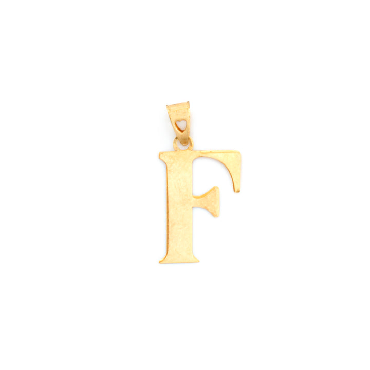 A gold initial pendant shaped like the letter 'F', shown on a plain white background.