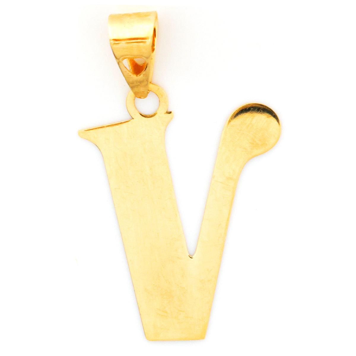 Gold pendant shaped like the letter 'V' on a white background