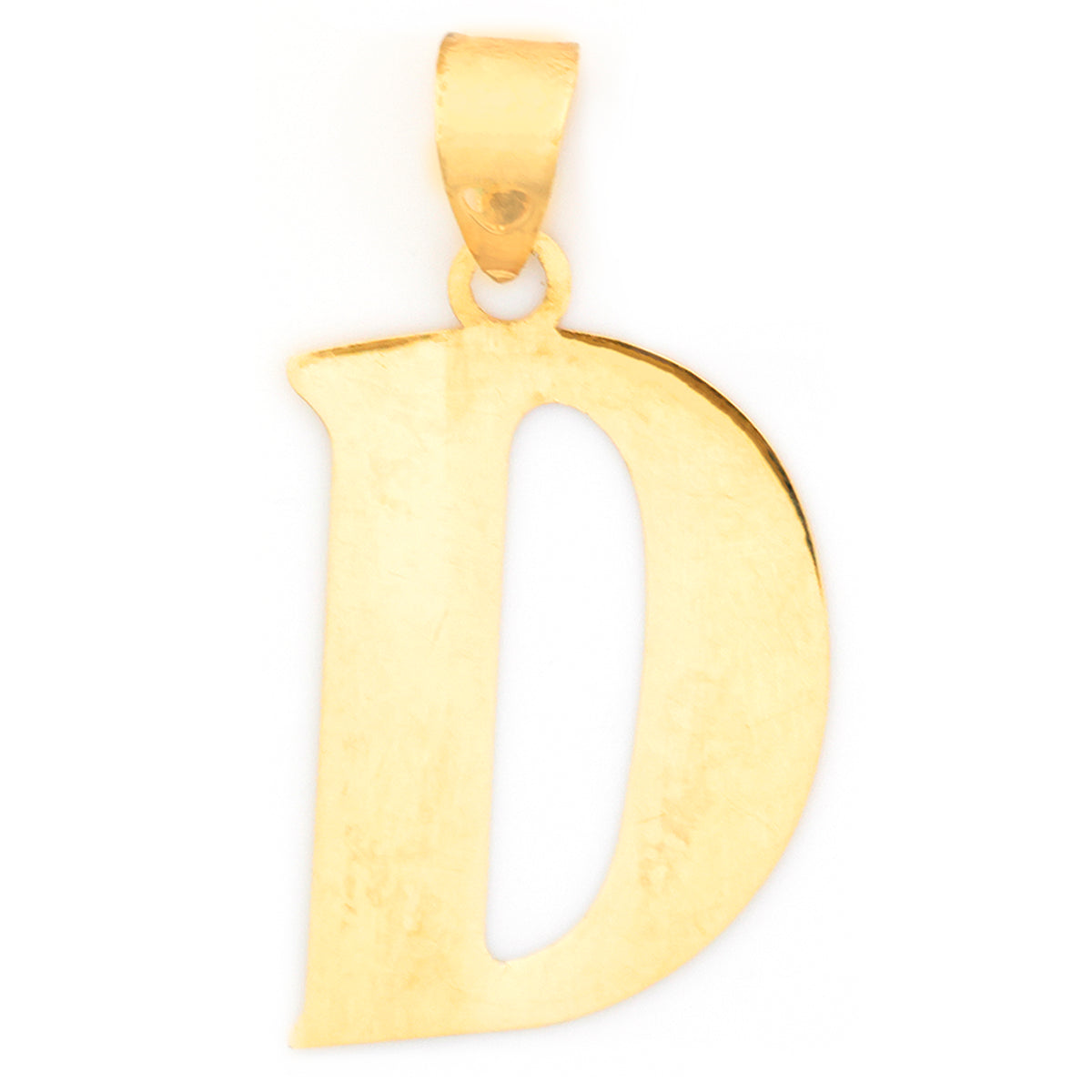 Gold letter 'D' pendant on a white background