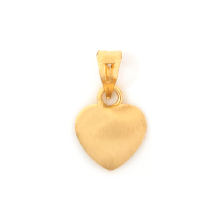 A small gold heart-shaped pendant with a brushed finish and a bail at the top, shown on a plain white background.
