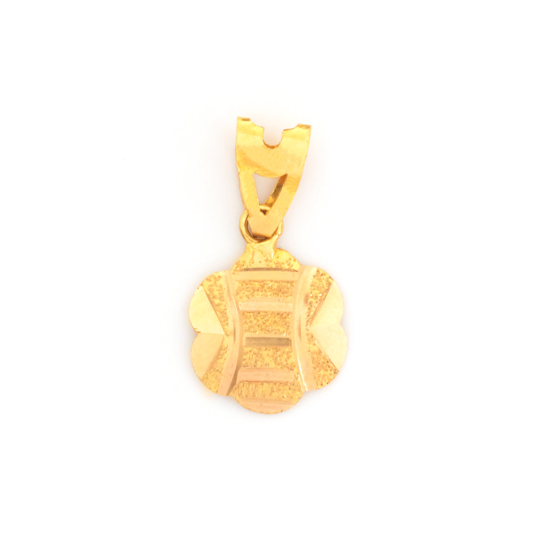 A gold pendant charm featuring a textured, geometric, shield-like design with a bail at the top, shown on a plain white background.