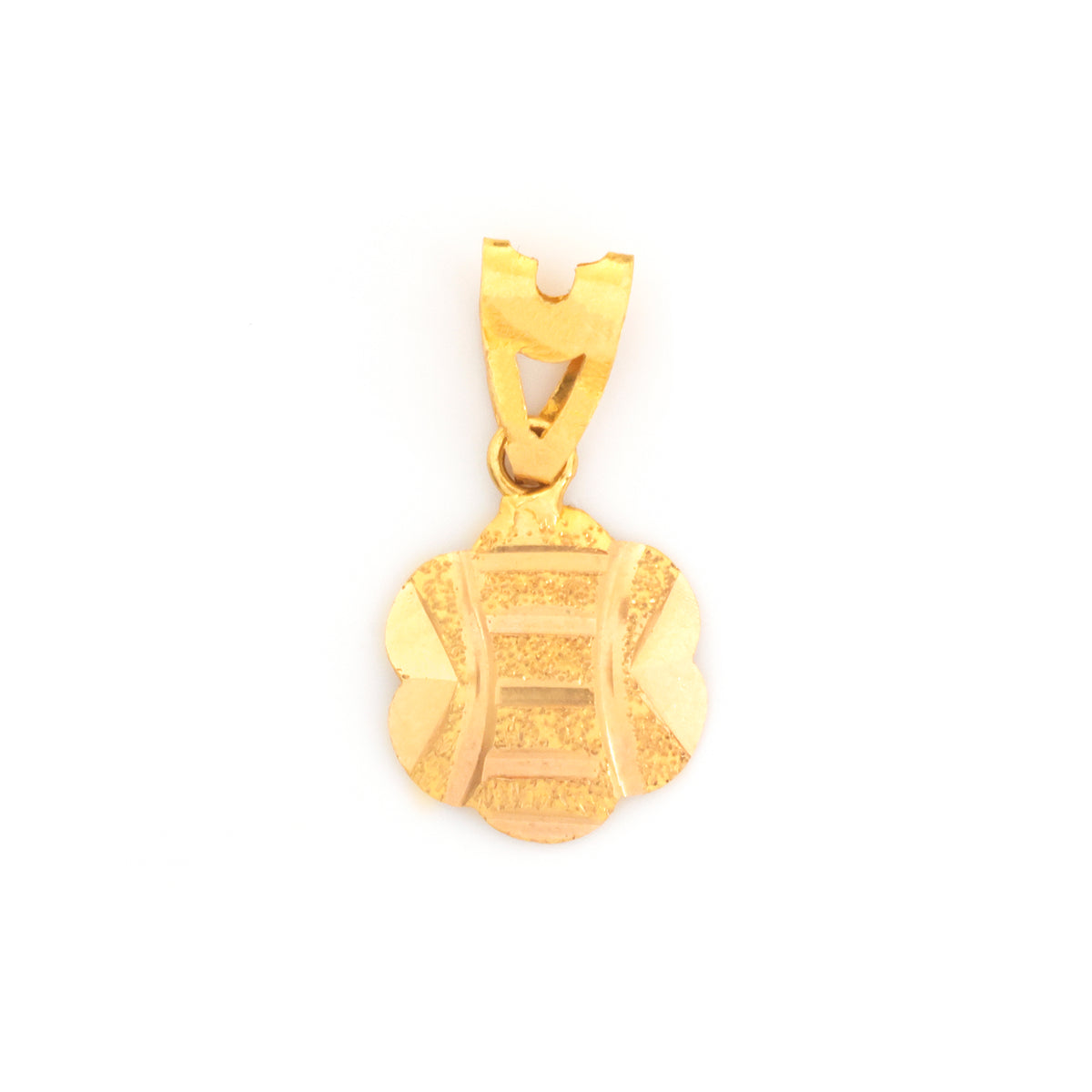 A gold pendant charm featuring a textured, geometric, shield-like design with a bail at the top, shown on a plain white background.