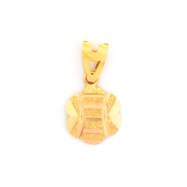 A gold pendant charm featuring a textured, geometric, shield-like design with a bail at the top, shown on a plain white background.