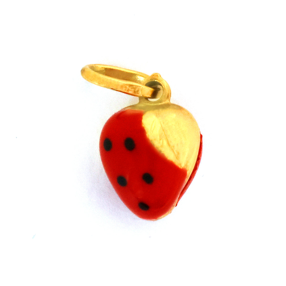 Gold strawberry-shaped pendant with red body and black seeds on a white background