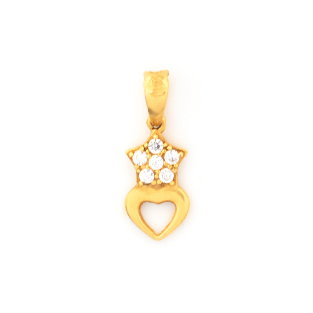 A gold pendant featuring a heart-shaped lower section and a star-shaped upper section adorned with small clear stones, shown on a plain white background.