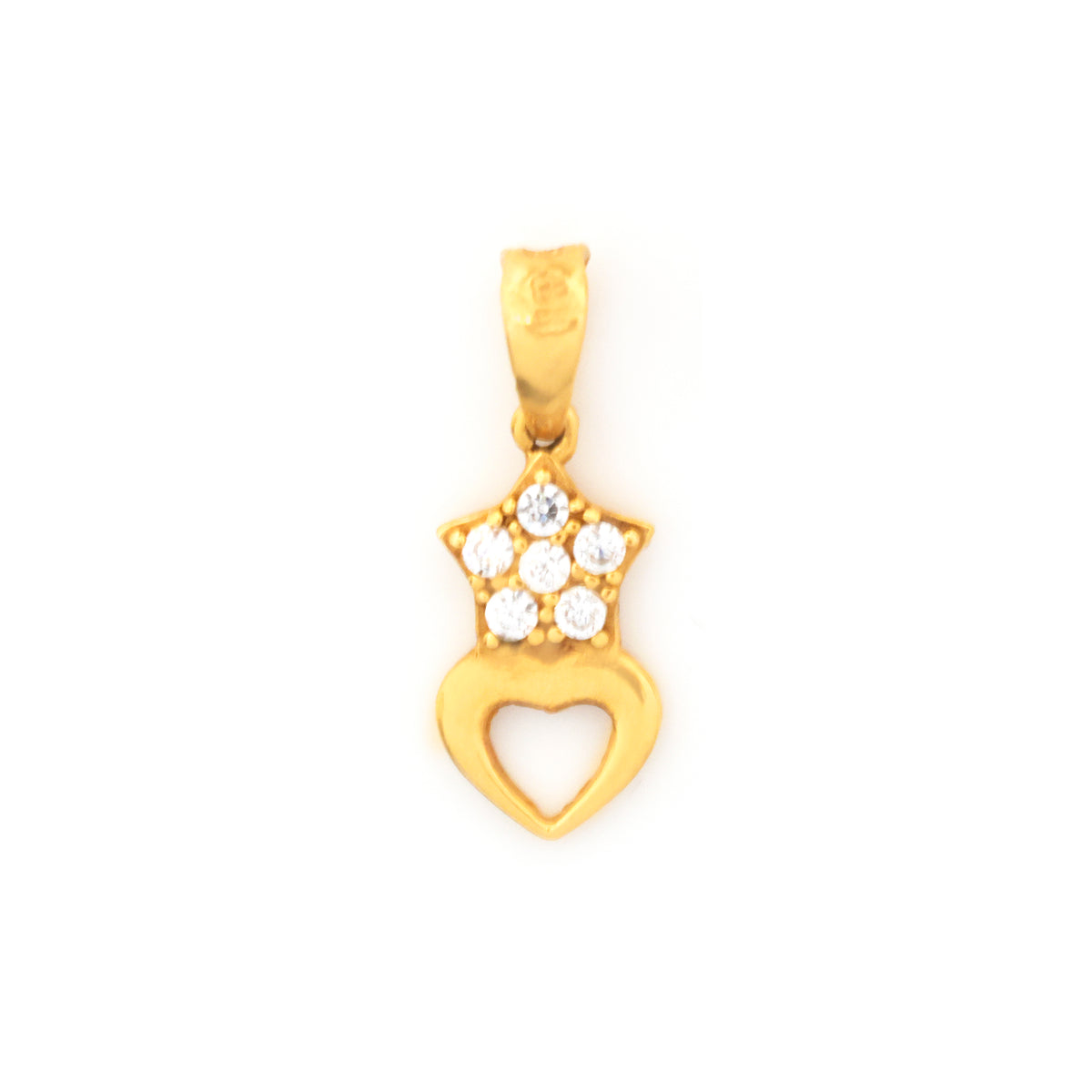 A gold pendant featuring a heart-shaped lower section and a star-shaped upper section adorned with small clear stones, shown on a plain white background.