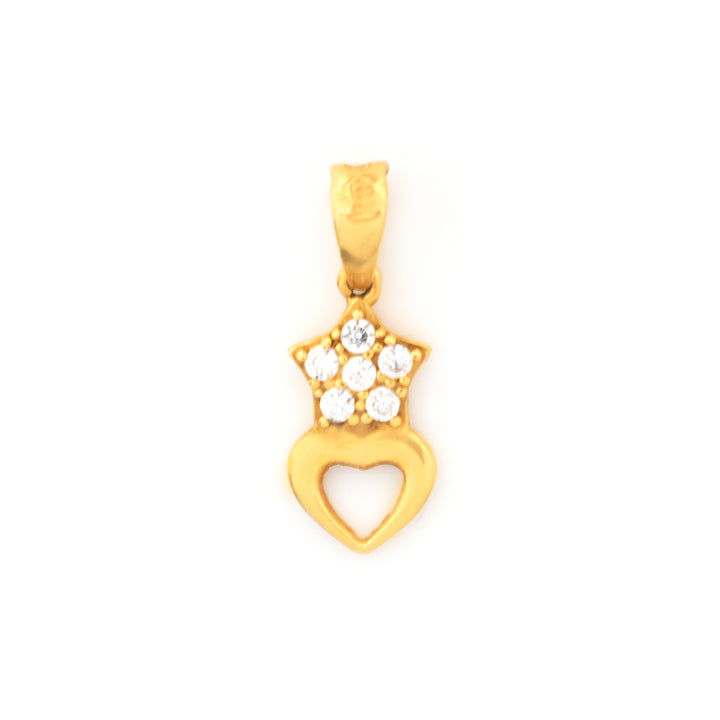 A gold pendant featuring a heart-shaped lower section and a star-shaped upper section adorned with small clear stones, shown on a plain white background.