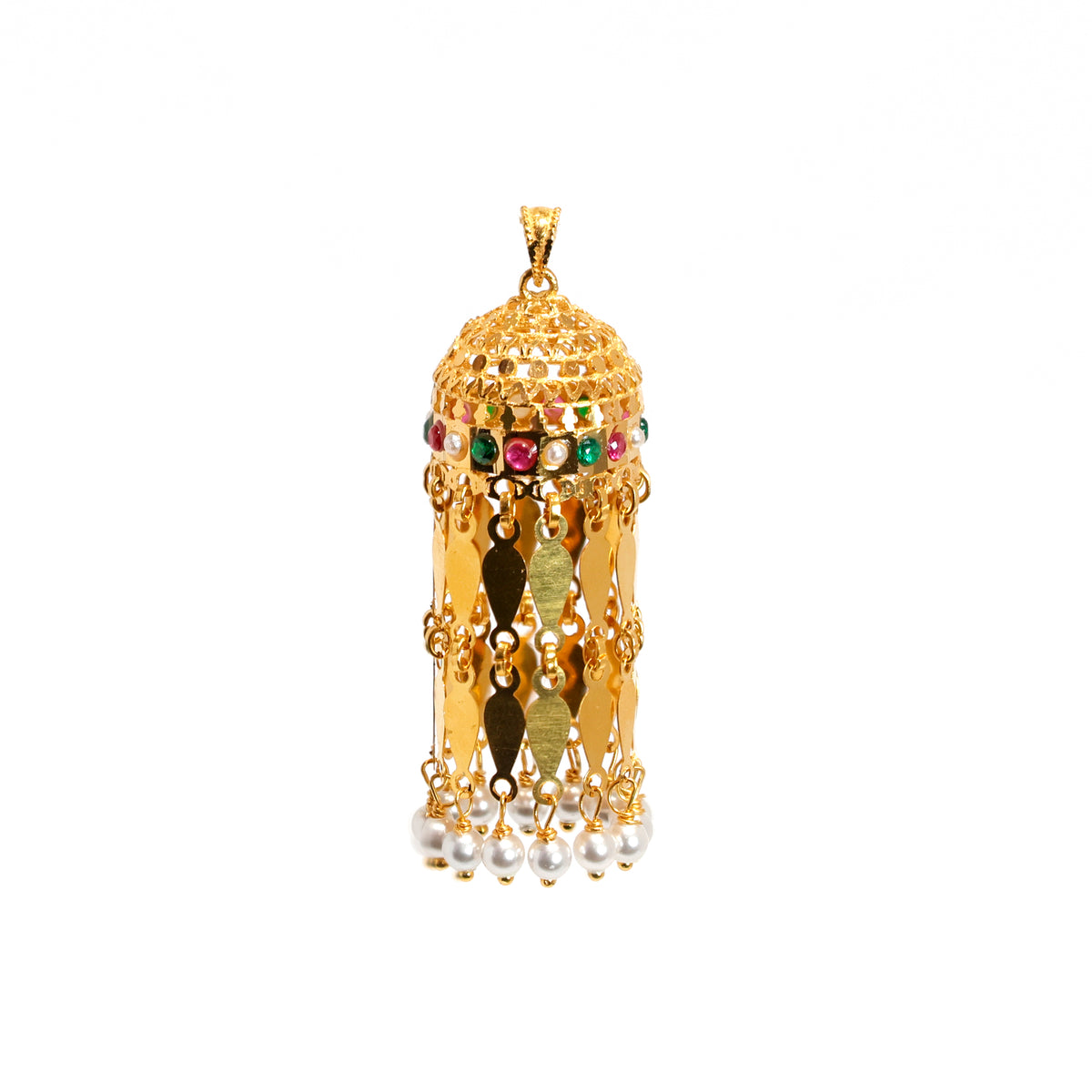 21K Gold Pendants – Cylindrical Tassel Pendant with Gem Band - Main View