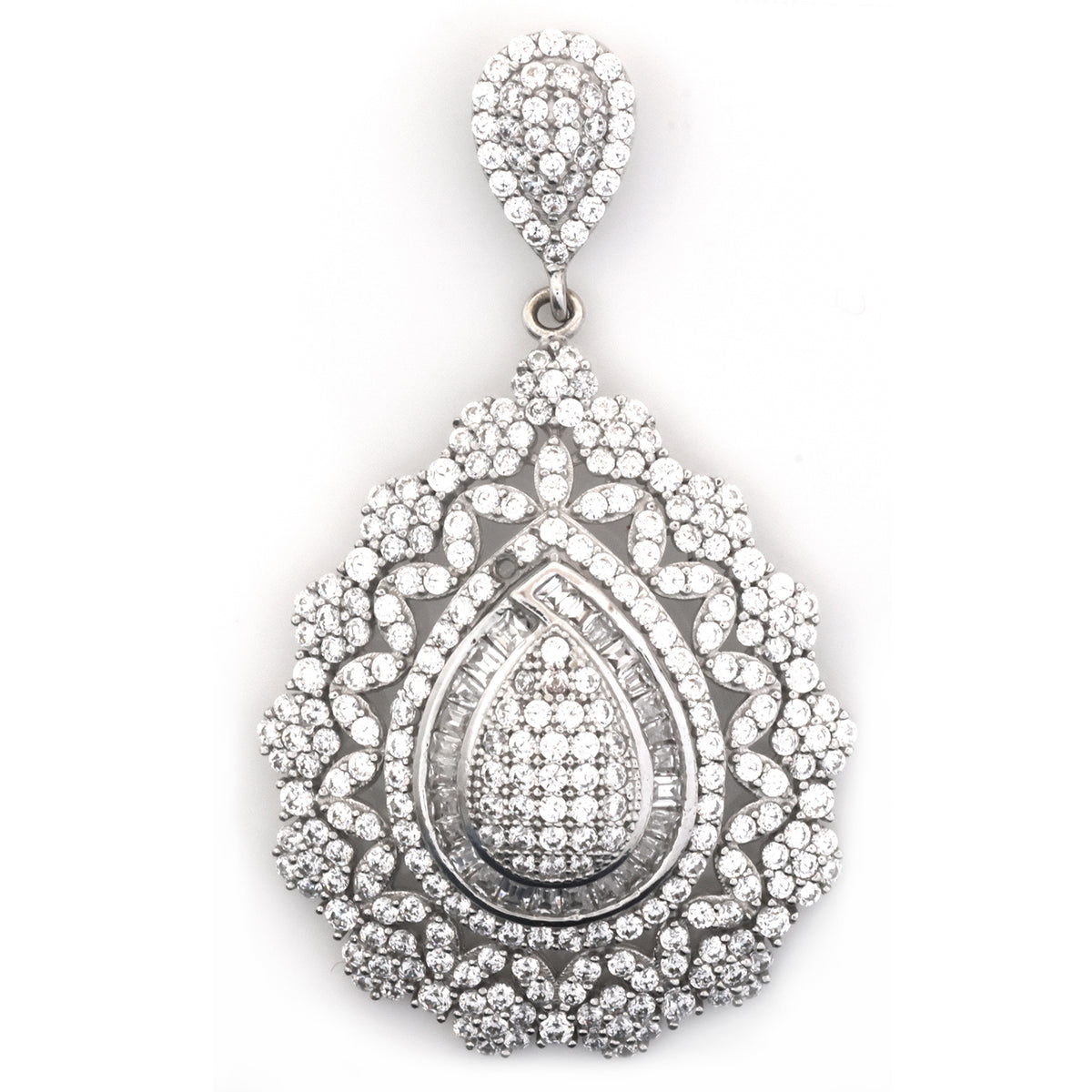 A teardrop-shaped silver pendant adorned with numerous clear pavé gemstones, featuring a detailed floral and geometric pattern, set against a plain white background.