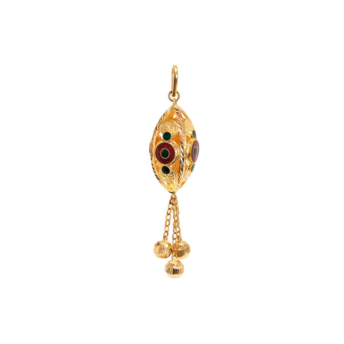 21K Gold Pendants – Oval Enamel Motif Pendant with Triple Gold Bead Drops – Main View