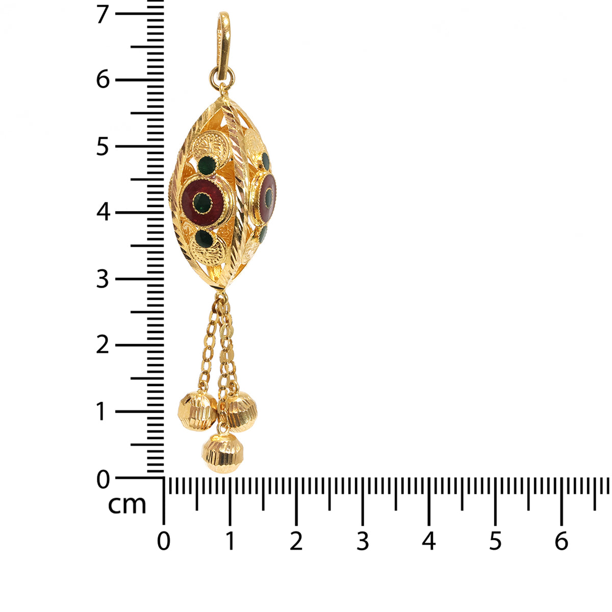 21K Gold Pendants – Oval Enamel Motif Pendant with Triple Gold Bead Drops – Size Reference
