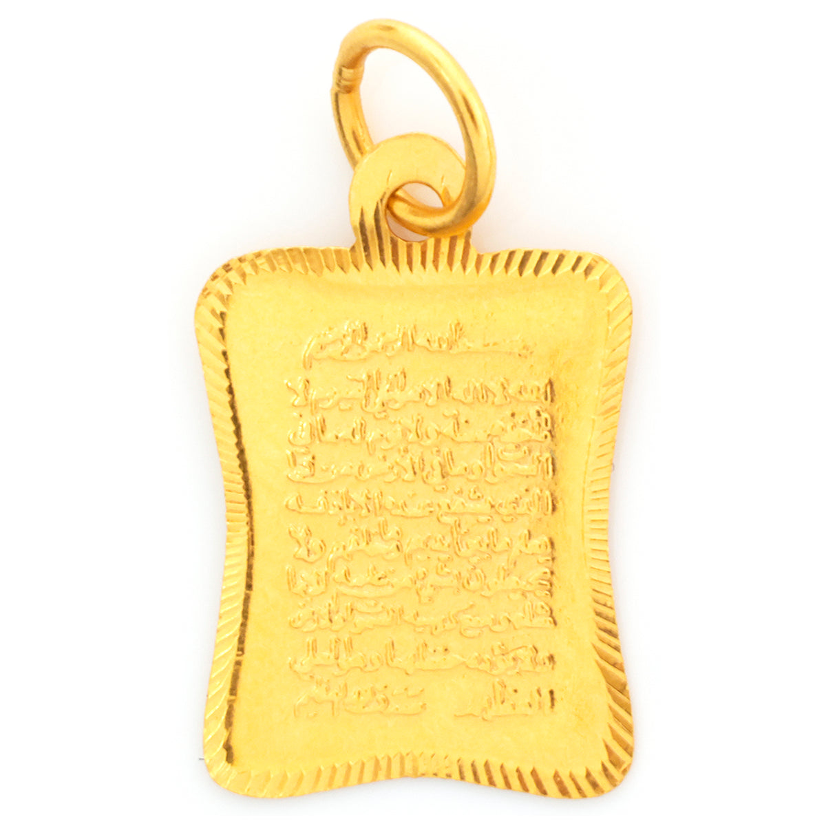 Gold pendant with engraved design on a white background