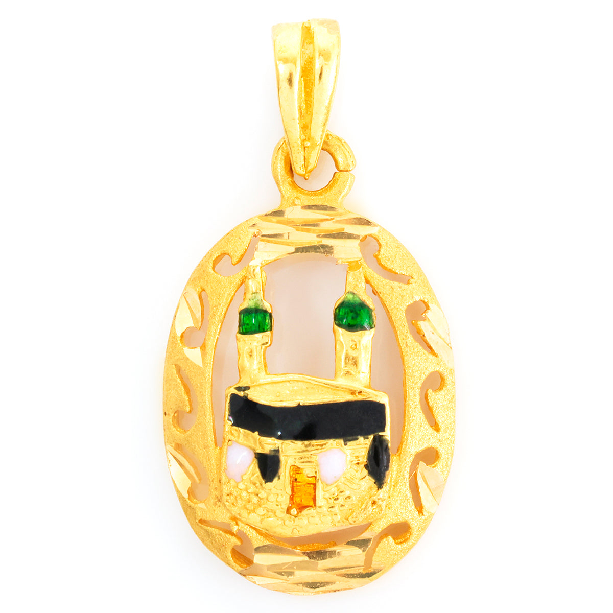 Gold pendant with religious symbol on a white background