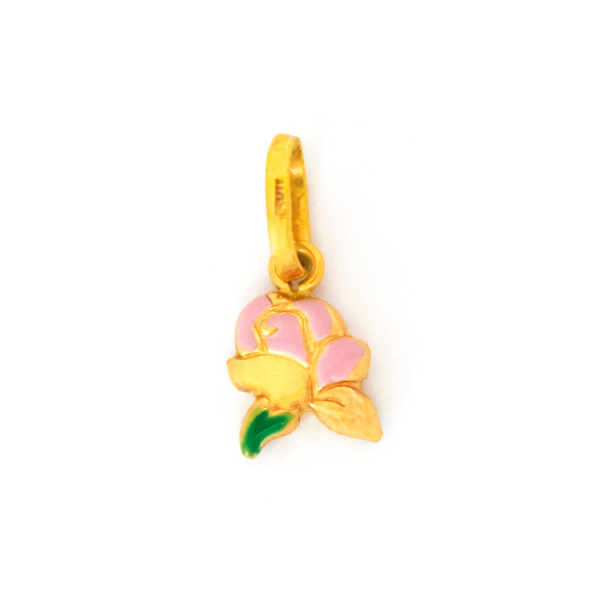 Gold pendant with pink flower design on a white background