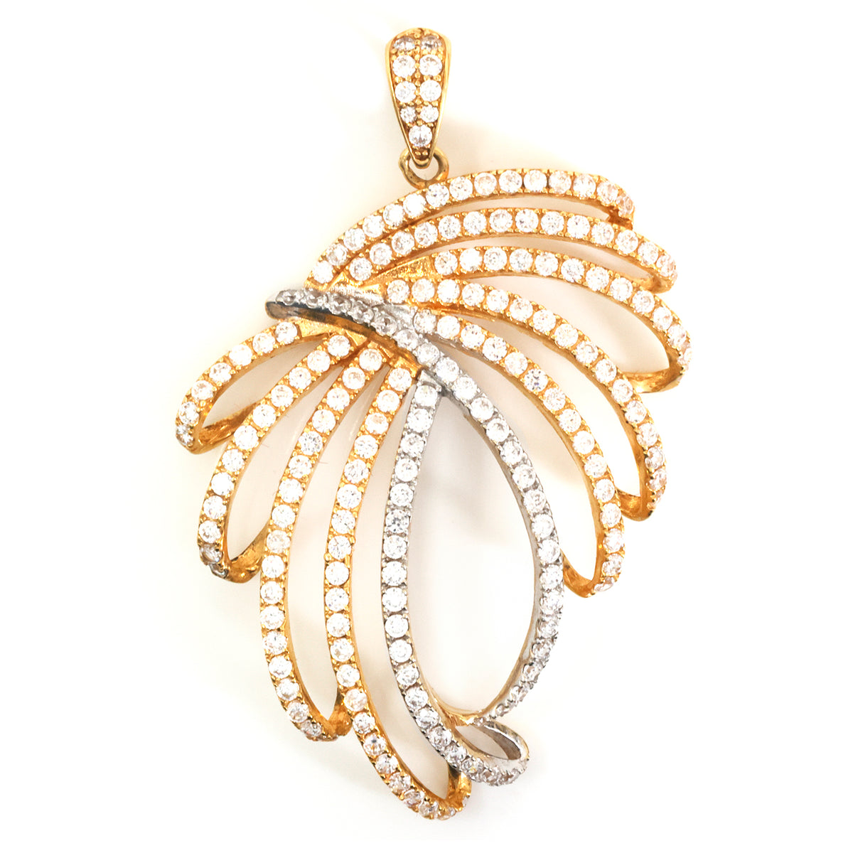 A two-tone leaf-shaped pendant featuring gold and silver metal bands paved with clear round gemstones, shown on a plain white background.