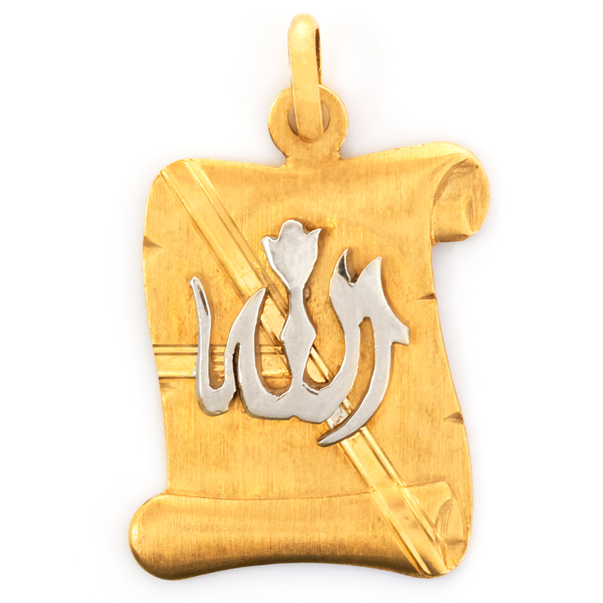 Gold pendant with silver 'Allah' inscription on a white background