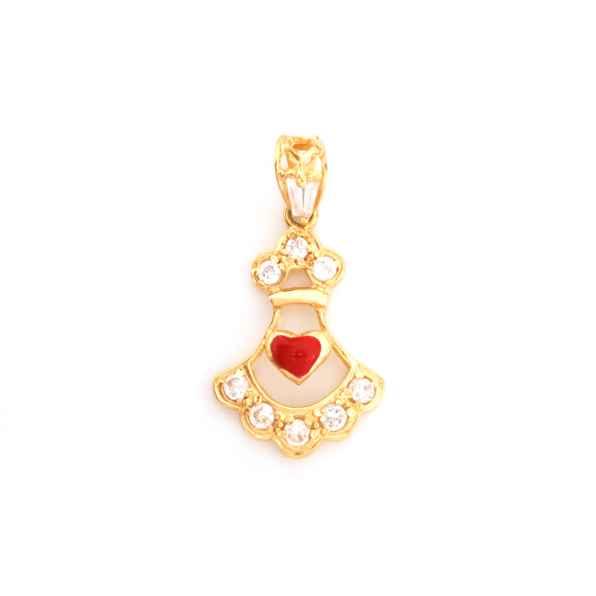 A gold pendant shaped like a dress, decorated with small clear rhinestones and a central red heart, shown on a plain white background.