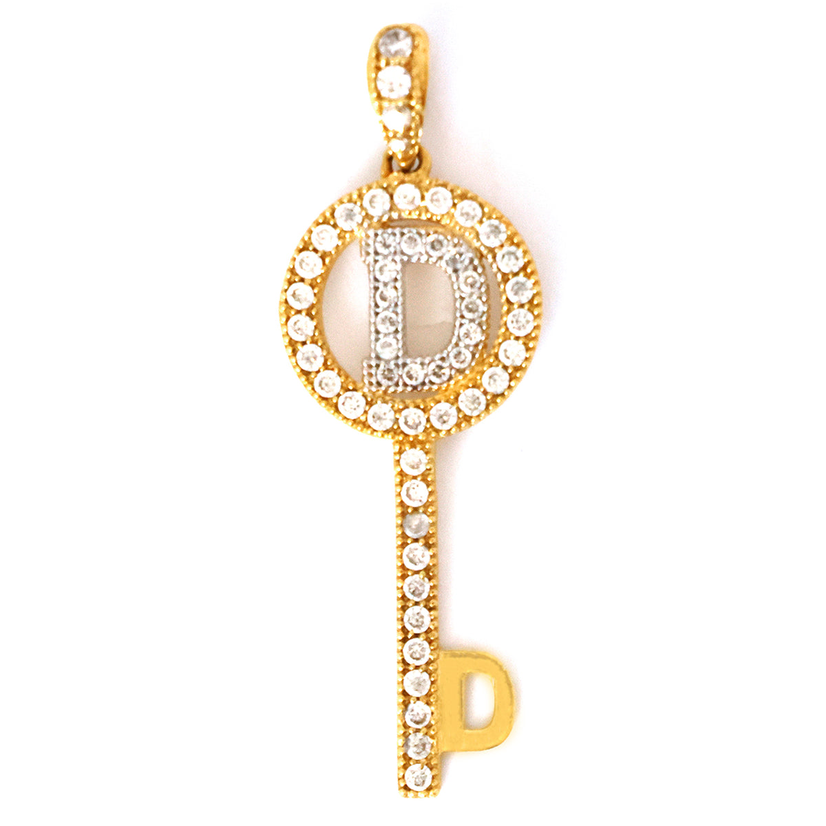 Gold key-shaped pendant with letter 'D' and clear stones on a white background
