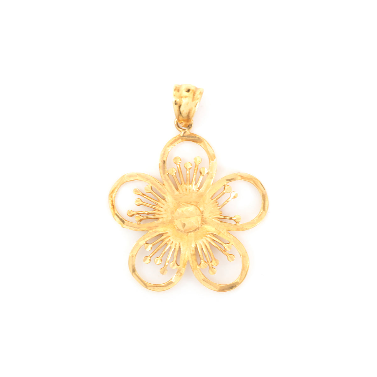 A gold flower-shaped pendant with a textured center and five open petals, shown on a plain white background.