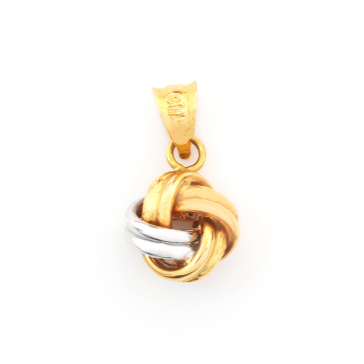 A two-tone gold and silver knot pendant on a white background.