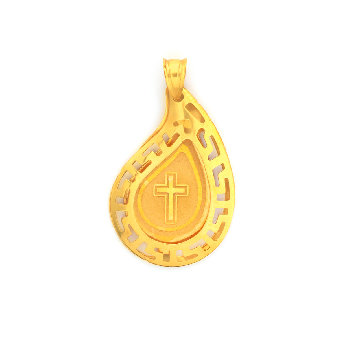 22K Gold Teardrop Cross Pendant with Greek Key Border