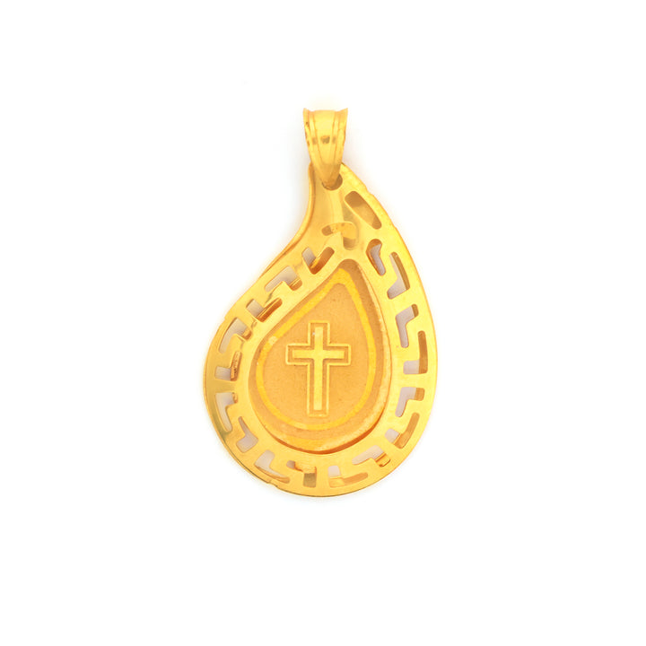22K Gold Teardrop Cross Pendant with Greek Key Border