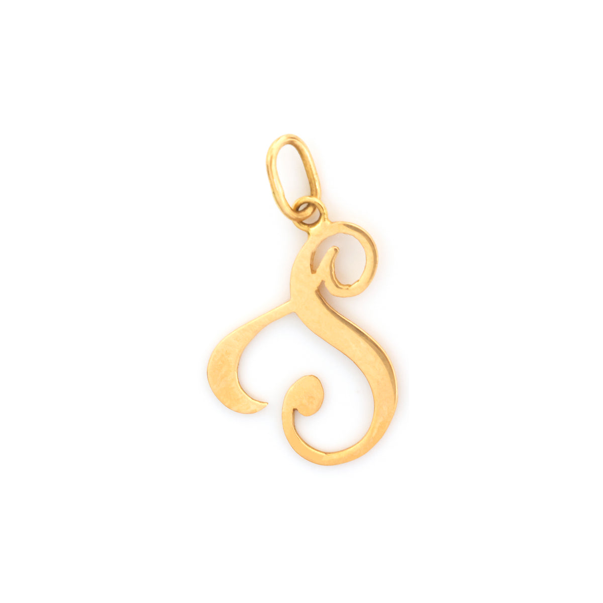 A polished gold pendant charm in the shape of a stylized cursive letter 'S' with a small top loop, shown on a plain white background.