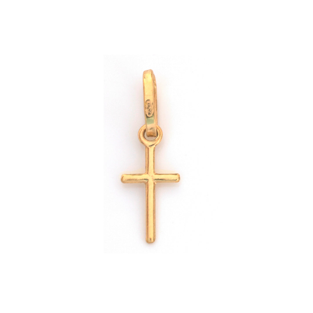 A small yellow gold cross pendant with a polished finish and a top loop, shown against a plain white background.