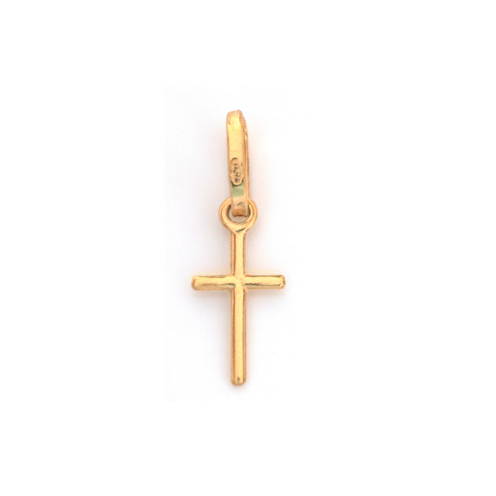 A small yellow gold cross pendant with a polished finish and a top loop, shown against a plain white background.