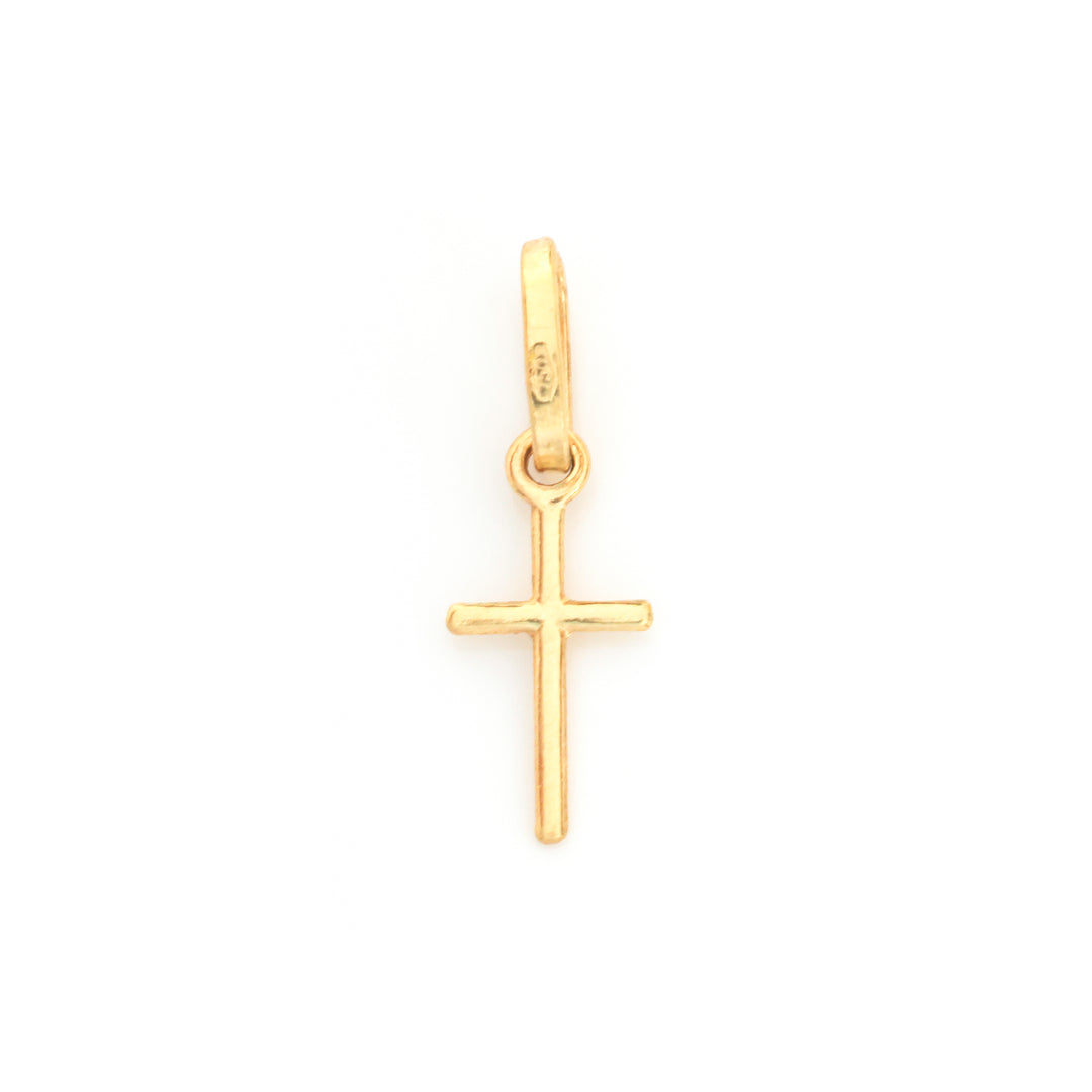 A small gold cross pendant charm with a polished finish and a top loop, shown on a plain white background.