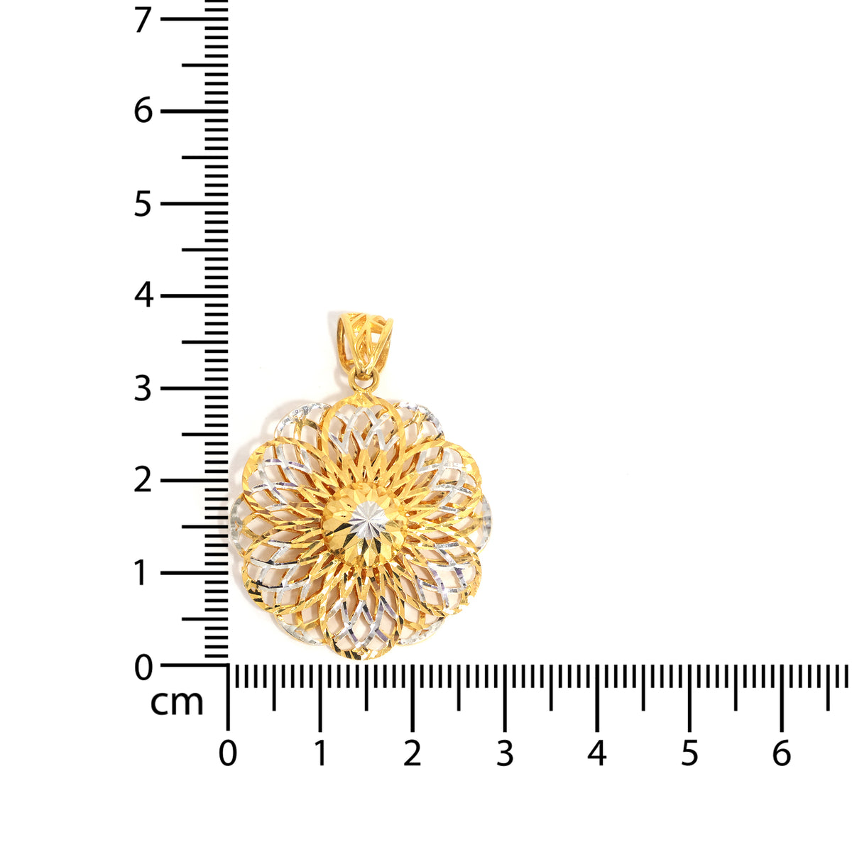 22K Gold Pendants – Layered Floral Pendant with Two-Tone Diamond-Cut Petals – Size Reference
