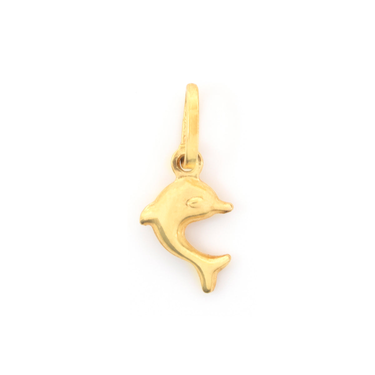 A small gold dolphin charm pendant with a polished finish, shown on a plain white background.