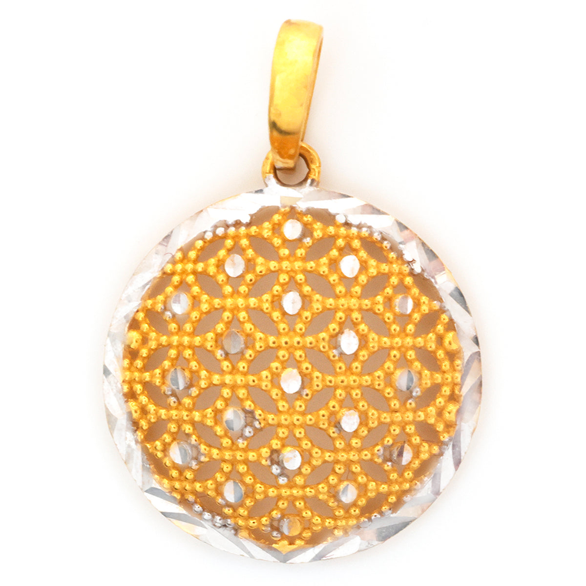 22K Gold Two-Tone Floral Lattice Round Pendant