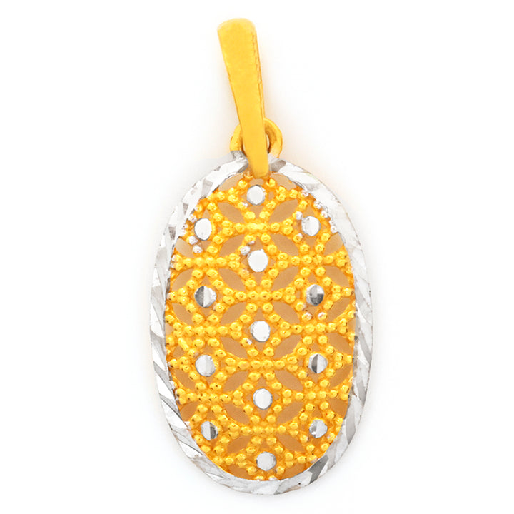 Gold pendant with intricate design on a white background