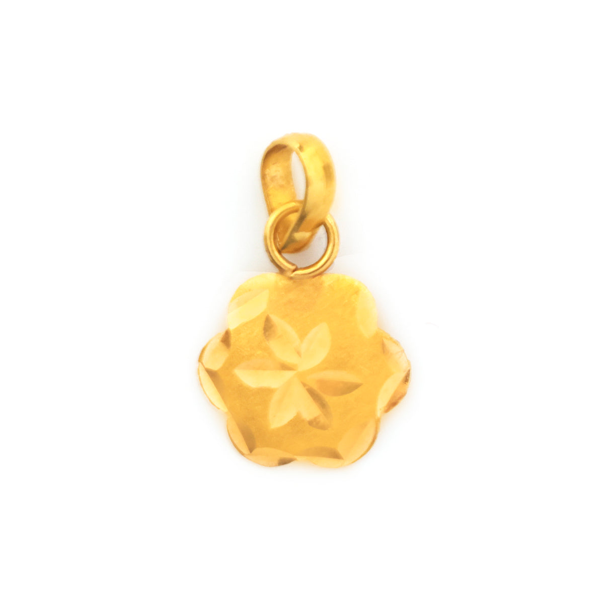 A textured yellow gold flower-shaped pendant charm with a bail at the top, shown on a plain white background.