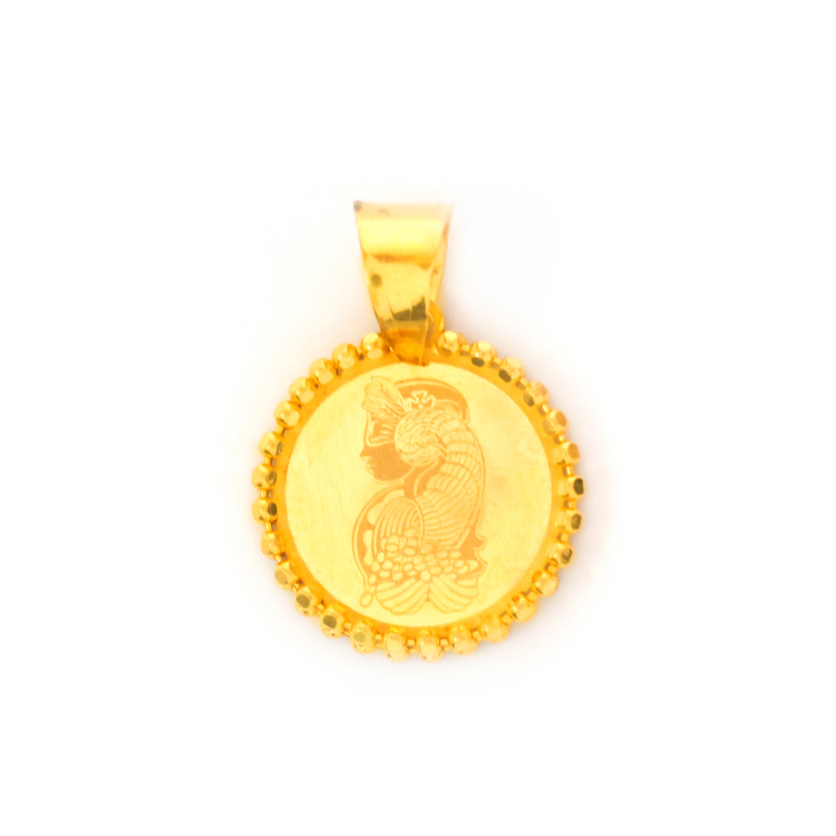 Gold pendant with intricate design on a white background