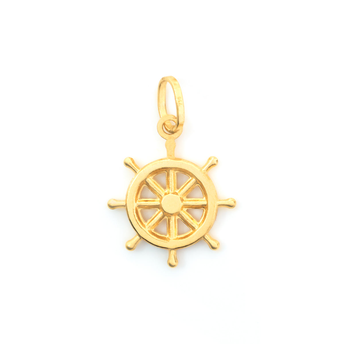 A polished gold ship's wheel pendant charm on a clean white background.