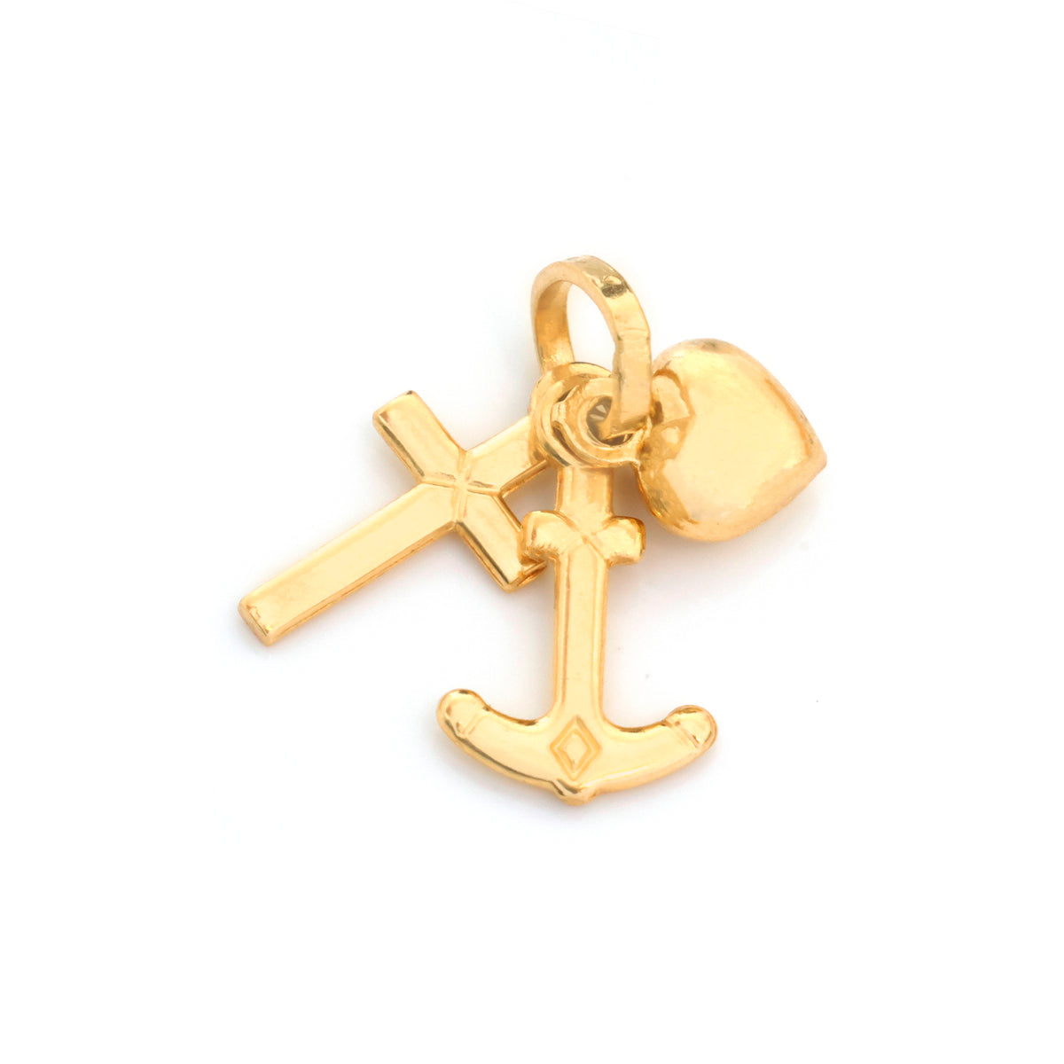 A gold-plated charm featuring a cross, an anchor, and a small heart, displayed on a clean white background.