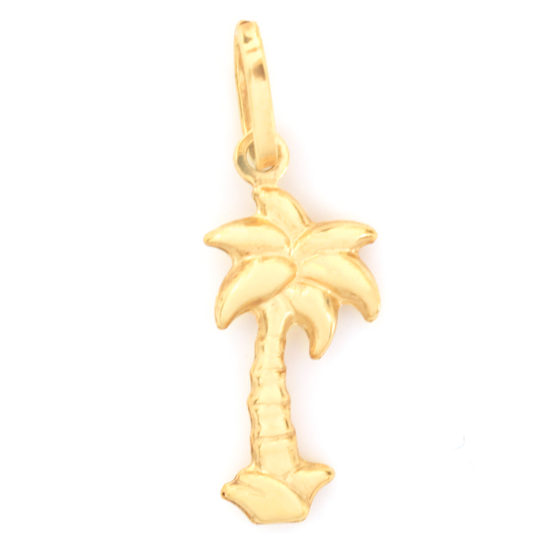 A small gold palm tree pendant charm with a polished finish, shown against a plain white background.
