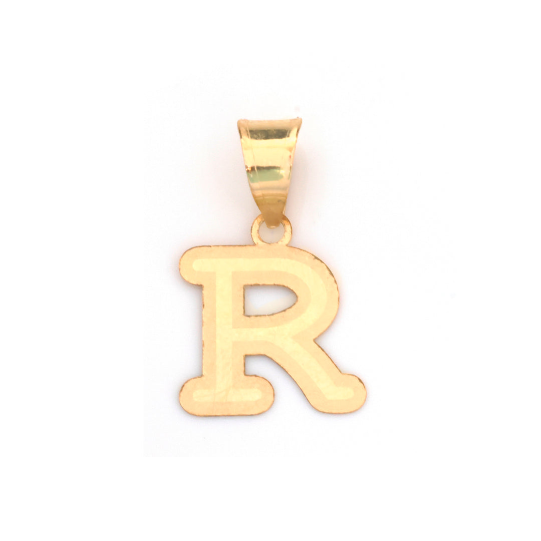 A gold initial pendant shaped like the letter 'R', shown on a plain white background.