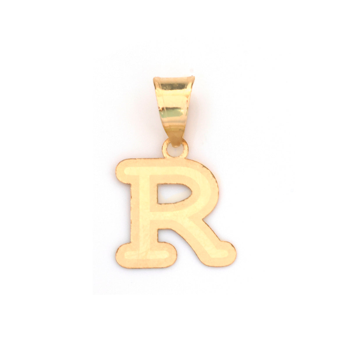 A gold initial pendant shaped like the letter 'R', shown on a plain white background.