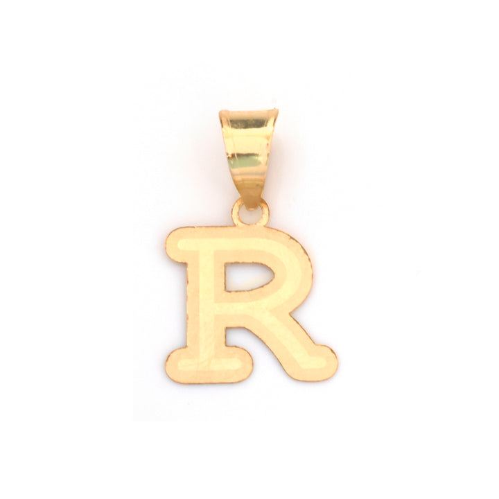 A gold initial pendant shaped like the letter 'R', shown on a plain white background.