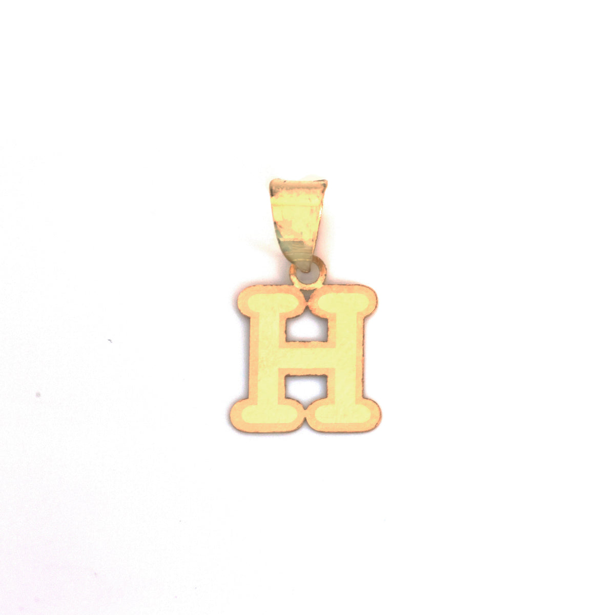 A gold initial pendant shaped like the letter 'H' with a cutout center, suspended from a matching gold bail, shown on a plain white background.