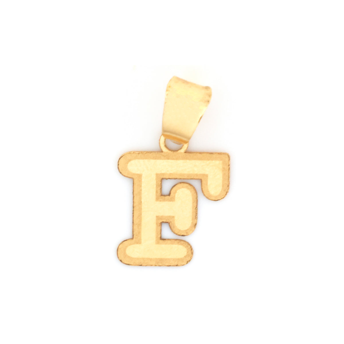 A gold initial pendant featuring the letter 'F' in a collegiate block font, shown on a plain white background.