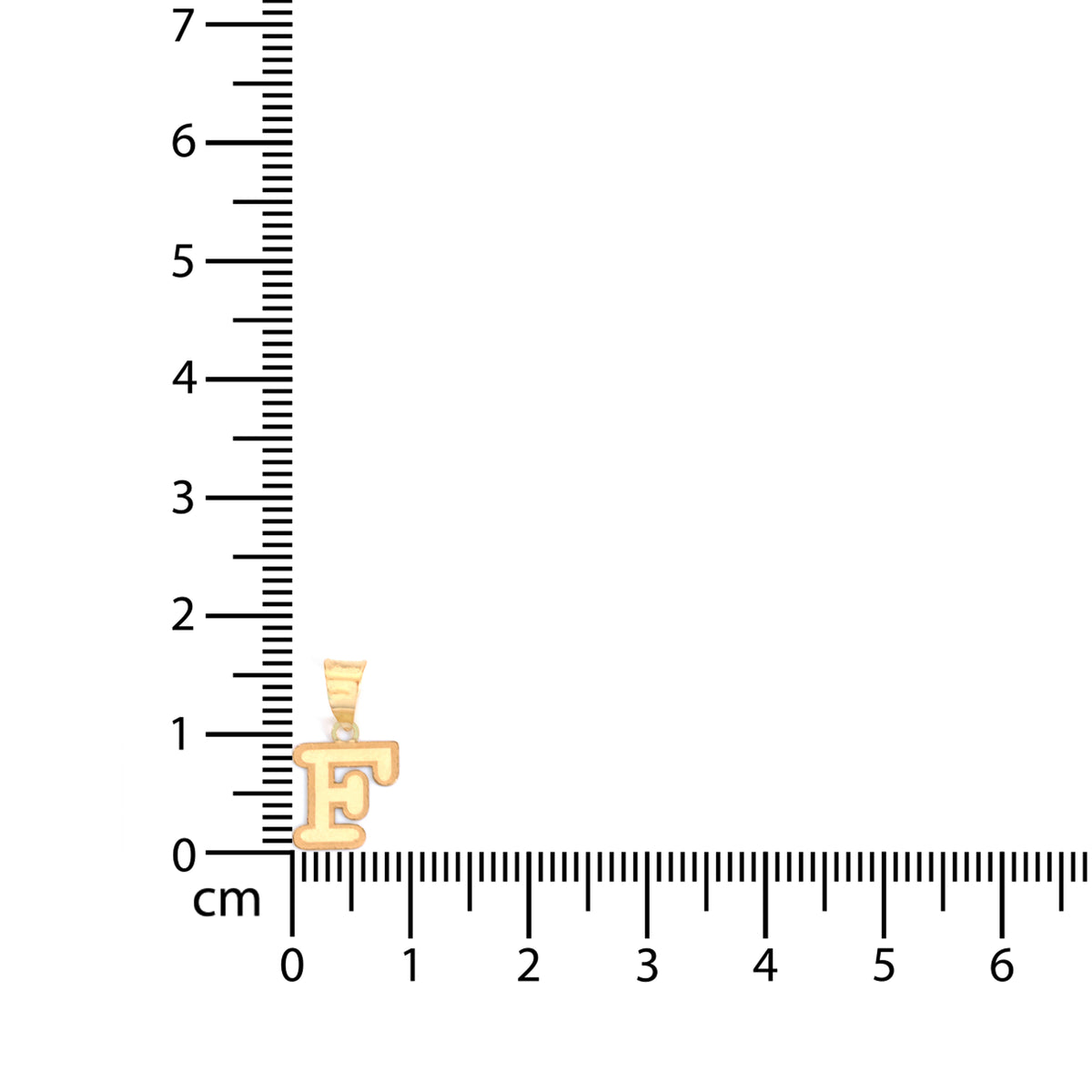 A gold initial pendant shaped like the letter 'E' is shown next to a black centimeter ruler on a white background, indicating its size.