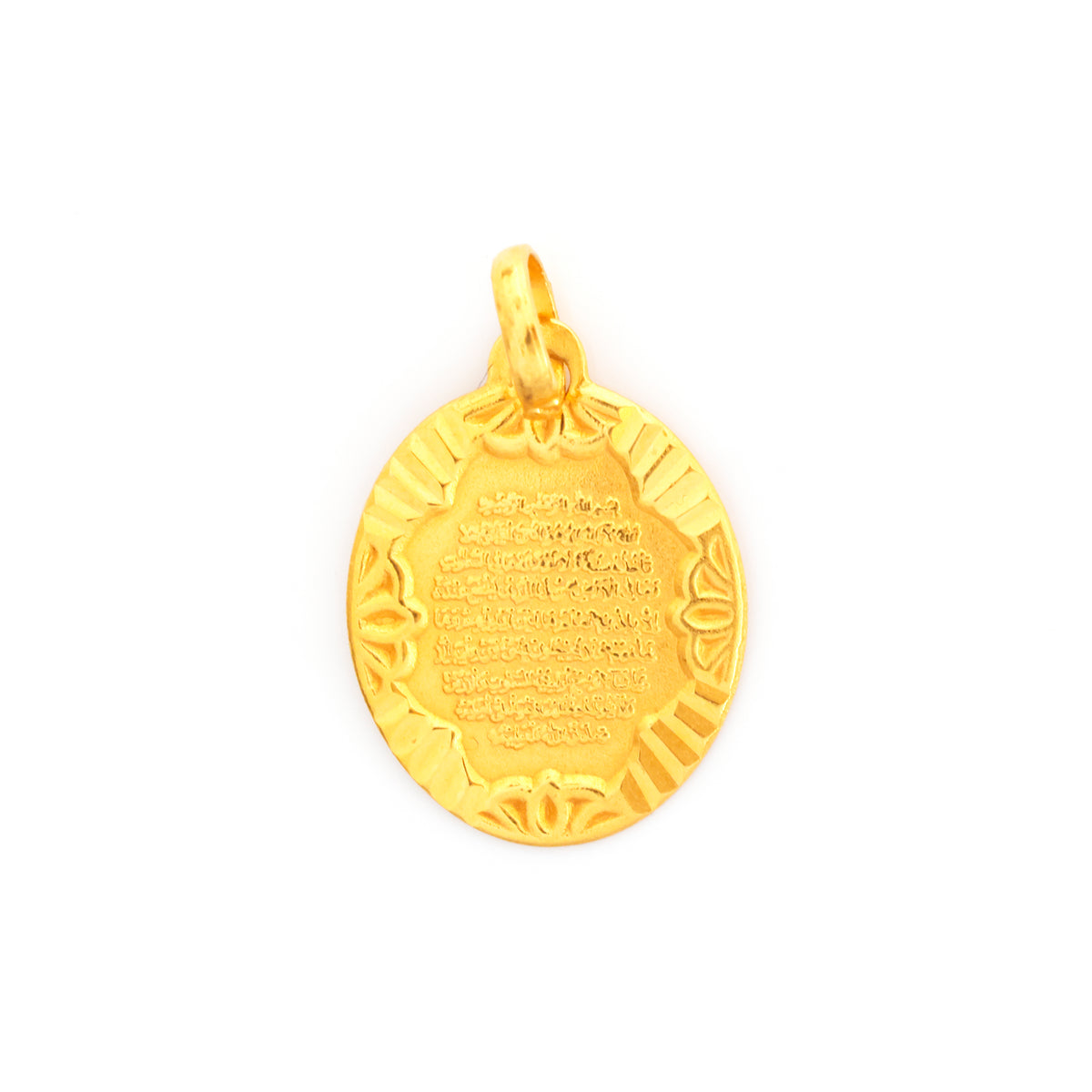Gold pendant with engraved design on a white background