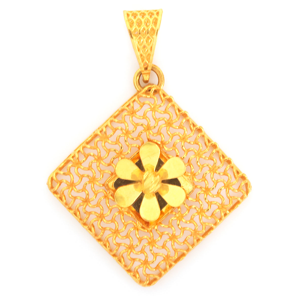22K Gold Woven Mesh Diamond-Shape Pendant with Flower Center
