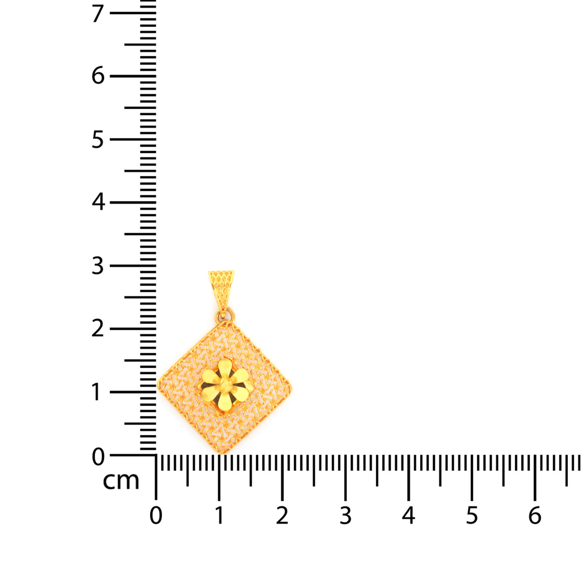 22K Gold Woven Mesh Diamond-Shape Pendant with Flower Center