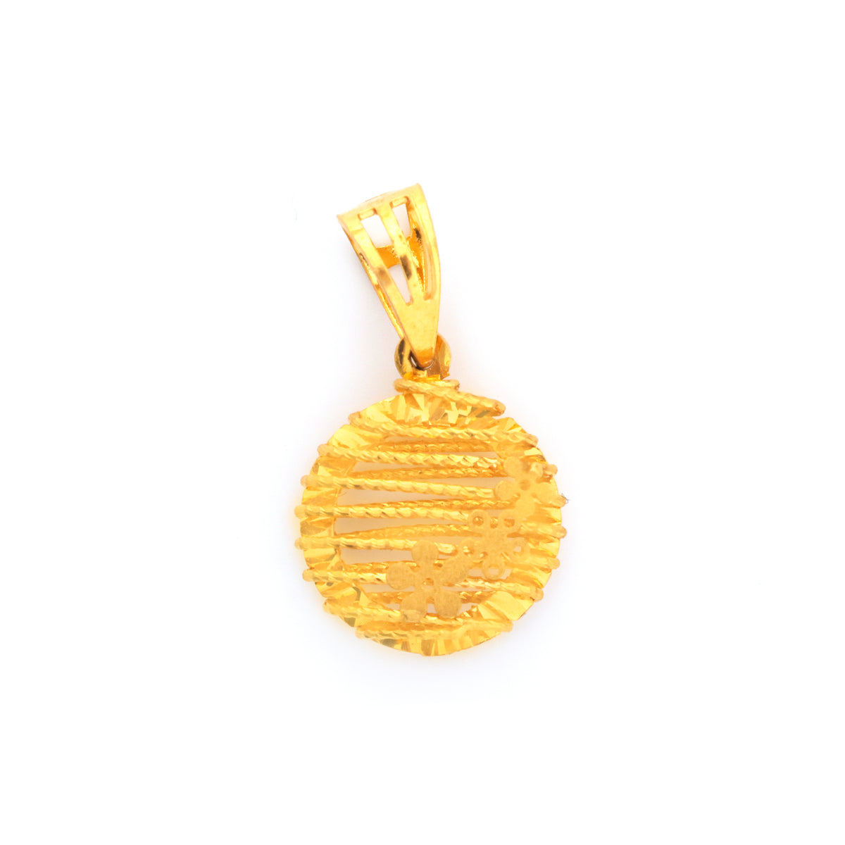 22K Gold Ribbed Bar Medallion Pendant with Floral Accents